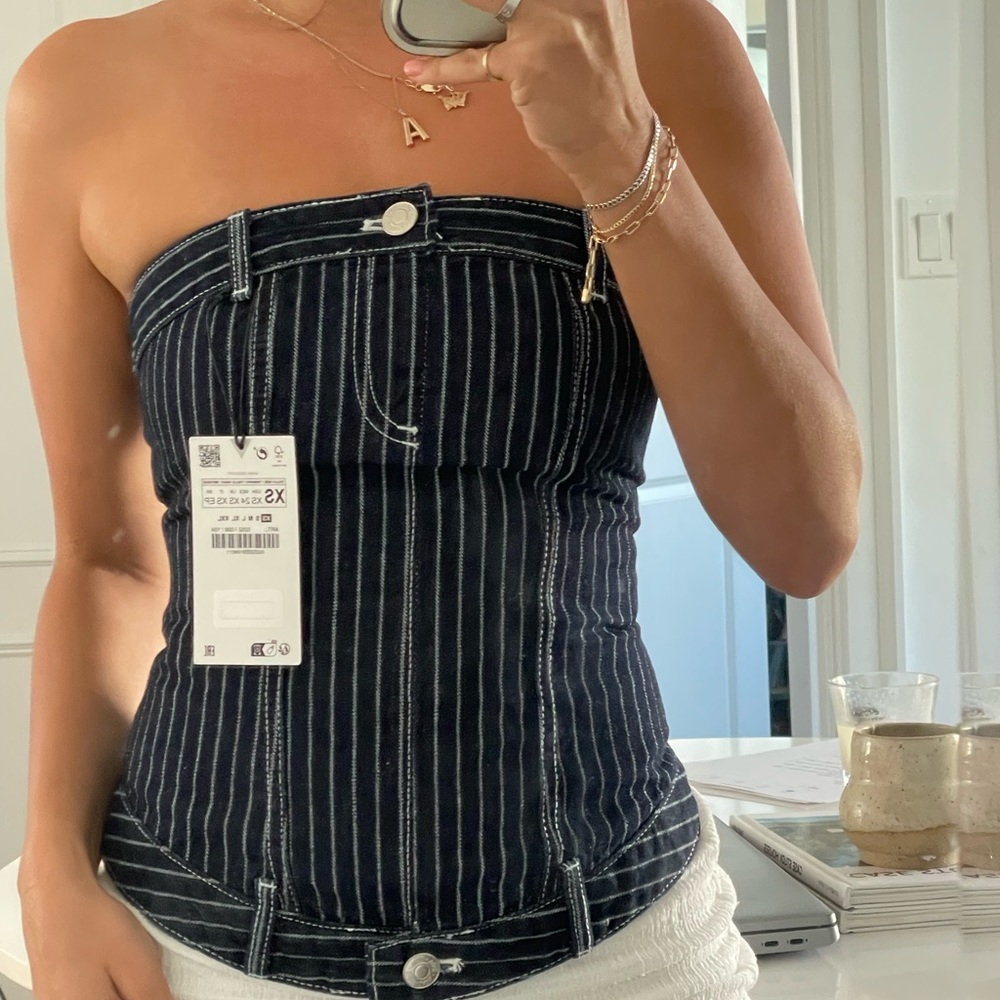 Denim Bustier Style Pinstripe Top